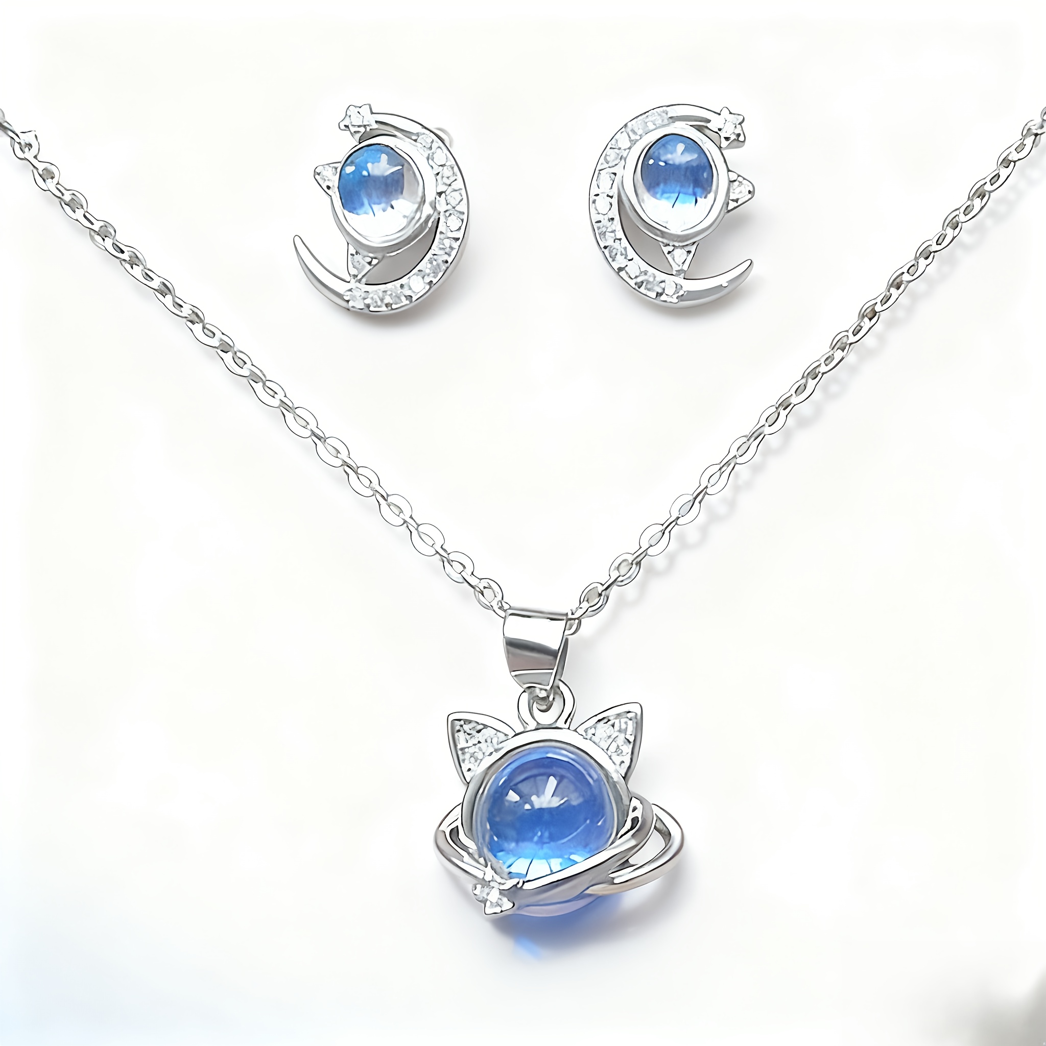 Moonstone Interstellar Cat Necklace & Earrings Set
